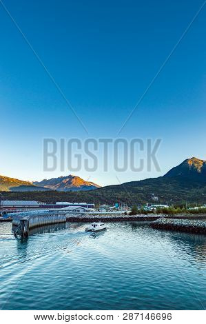 September 15, 2018 - Skagway, Ak: Fjordlands Express Local Ferry Arriving In Harbour At Daybreak.