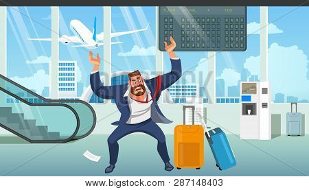 Businessman In Stress, Angry Because Of Late On Plane, Missing Baggage After Arrival In Airport Cart