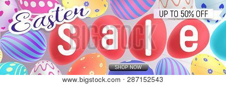 Easter Sale Banner With Text On The Red Easter Eggs.