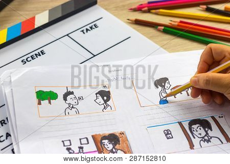 Storyboard Drawing With Pencil Creative Sketch Cartoon. Storyboarding Is Process Image Displayed In 