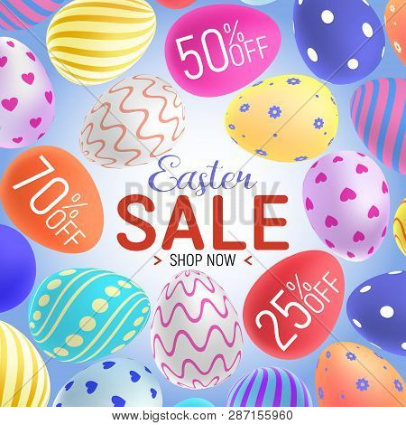 Easter Sale Banner With Many Easter Eggs On The Background.