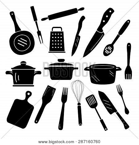 Kitchen Cooking Icons. Black Silhouette Object Set.