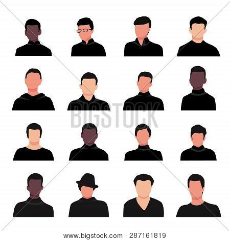 Cartoon Handsome Young Guy Portraits Vector Illustration. Man Face Avatar Set Isolated On White Back