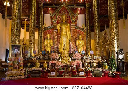 Chiang Mai, Thailand - December 21, 2018:  Altar Of The Vihaa Of The Buddhist Temple Wat Chedi Luang