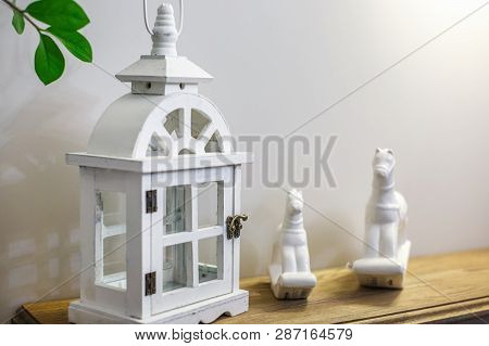 Interior Decoration Toys. White Decorative Wooden Latern Lights And Ceramic Horses In Expensive Inte