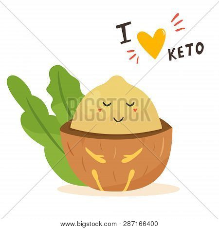 Funny Cute Macadamia Character With Lettering, Keto Diet Lover. Ketosis Concept