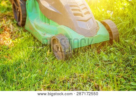 Lawn Mower Cutting Green Grass In Backyard In Sunny Day. Gardening Country Lifestyle Background. Bea