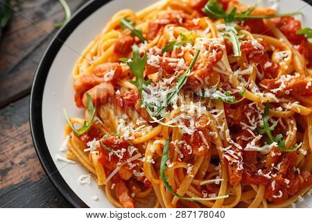 Spaghetti Alla Amatriciana With Pancetta Bacon, Tomatoes And Pecorino Cheese
