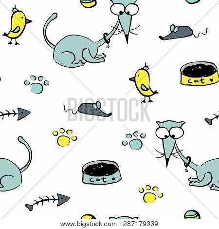 Cute Handdrawn Vector Seamless Pattern With Cute Doodle Cats, Paws, Birds, Mouses And Fish Skeletons