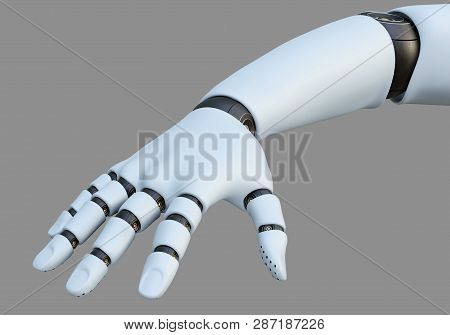 White Robot Hand, Isolated On Gray Background. 3d Rendering