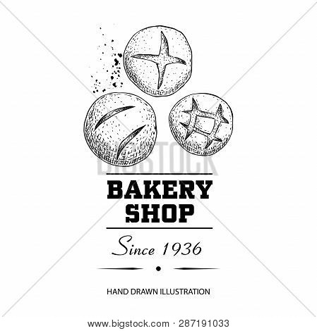 Bread Buns Group  Top View Sketch Drawing. Hand Drawn Sketch Style Bakery Shop Product. Fresh Mornin