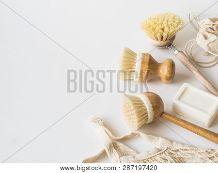 Dish Washing Brushes, Bamboo Toothbrushes, Reusable Bags. Sustainable Lifestyle Zero Waste Concept. 