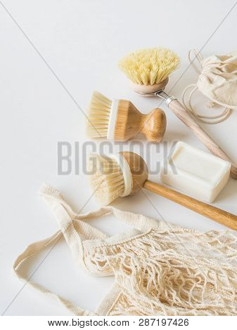 Dish Washing Brushes, Bamboo Toothbrushes, Reusable Bags. Sustainable Lifestyle Zero Waste Concept. 