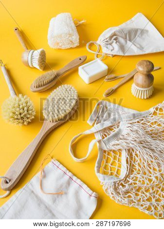 Dish Washing Brushes, Bamboo Toothbrushes, Reusable Bags. Sustainable Lifestyle Zero Waste Concept. 