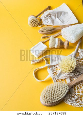 Dish Washing Brushes, Bamboo Toothbrushes, Reusable Bags. Sustainable Lifestyle Zero Waste Concept. 