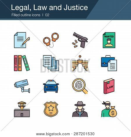 Legal, Law And Justice Icons. Filled Outline Design. For Presentation, Graphic Design, Mobile Applic