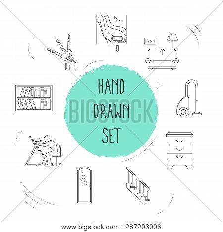 Set Of Interior Design Icons Line Style Symbols With Vacuum Cleaner, Living Room, House Keys And Oth