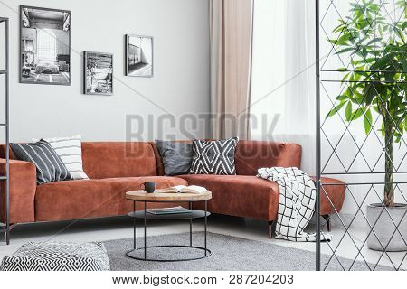 Pillows And Blanket On Brown Velvet Corner Sofa In Elegant Living Room Interior