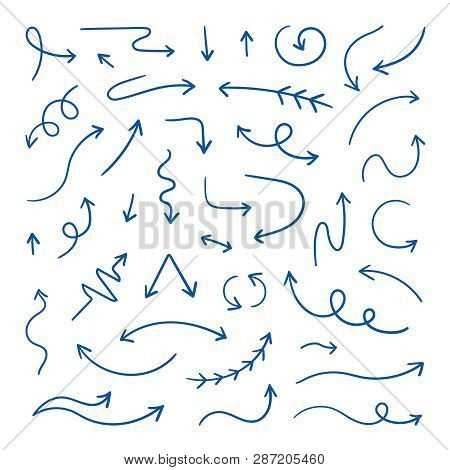 Doodle Arrows. Linear Hand Drawn Direction Arrows, Pen Sketch Design Elements. Wavy Loop Line Arrows
