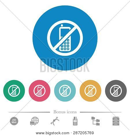 Cellphone Not Allowed Flat White Icons On Round Color Backgrounds. 6 Bonus Icons Included.