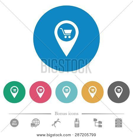 Department Store Gps Map Location Flat White Icons On Round Color Backgrounds. 6 Bonus Icons Include