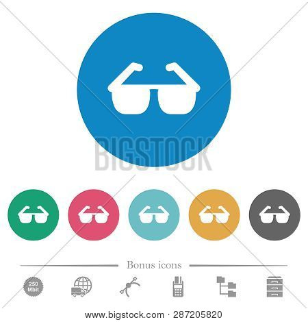 Sunglasses Flat White Icons On Round Color Backgrounds. 6 Bonus Icons Included.
