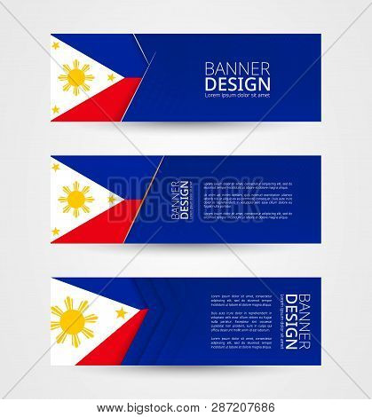 Set Of Three Horizontal Banners With Flag Of Philippines. Web Banner Design Template In Color Of Phi