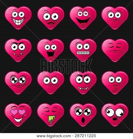Heart Icon Set Of Cute Happy Smiley Emotions, Flat Design Vector Illustration