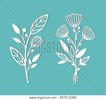 Flowers. Branches With Leaves And Buds. Patterns For Decoration. Elements For Cutting Out Of Paper, 
