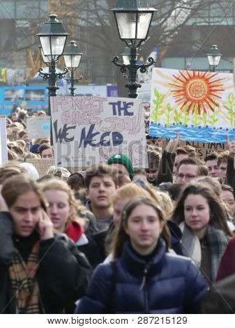 Malieveld, The Hague, The Netherlands - February 7 2019: School Children And Youth At Climate Change