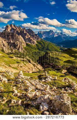 Dolomites Mountain Landscape View From Tre Cimes Lavaredo Loop Trail, South Troy, Italy