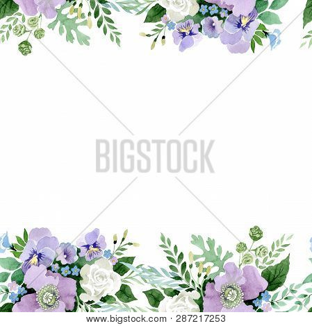 Violet Bouquet Floral Botanical Flowers. Watercolor Background Illustration Set. Seamless Background