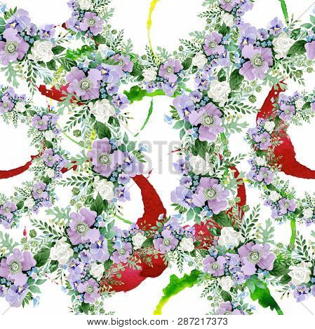 Violet Bouquet Floral Botanical Flowers. Watercolor Background Illustration Set. Seamless Background