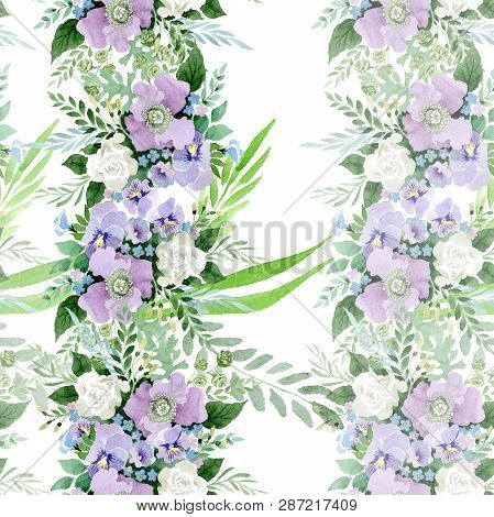 Violet Bouquet Floral Botanical Flowers. Watercolor Background Illustration Set. Seamless Background