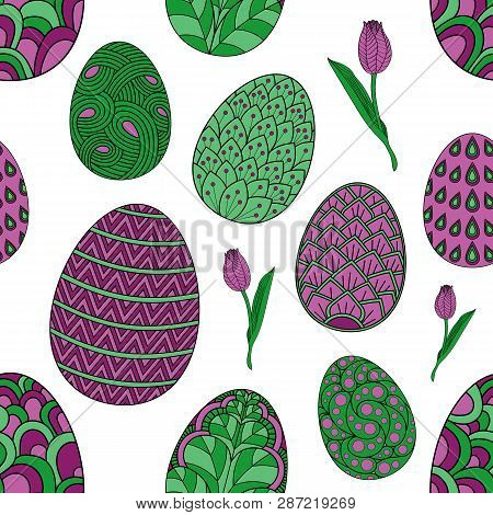 Seamless Vector Pattern. Ornamental Linear Background With Circles. Happy Easter Seamless Pattern Gr