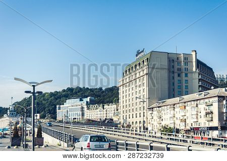 Kiev, Ukraine - July 16, 2018: Seafront Of Dnipro River The Dnieper Near Poshtova Ploscha Metro Stat