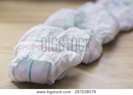 Bunch Of Dirty Diapers. Number Of Used Diapers For Child Per Month. Non-recyclable Waste. Recycling 