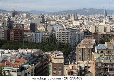 Barcelona, Spain - 24 May 2014: Poblesec, Raval And Born Roofs Aerial View
