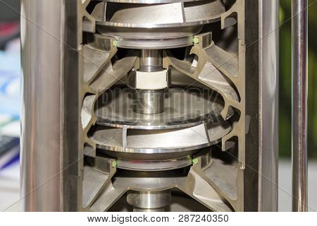 Close Up Cross Section Detail Impeller And Inside Centrifugal Multistage Ring Vertical Pump For Indu
