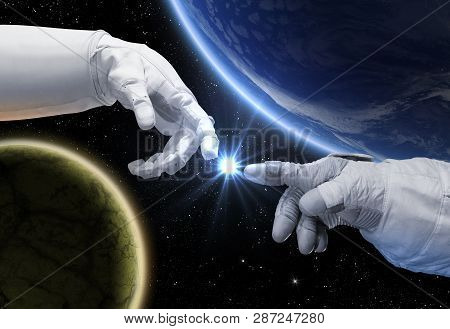 Hand Of Astronaut And Robot Near Star. Concept Encounters. Contact With Other Civilizations. Element