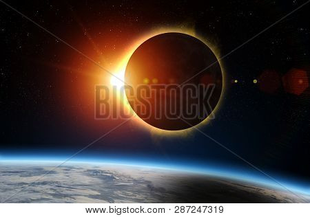 Solar Eclipse And Earth. Solar Eclipse, Mysterious Natural Phenomenon When Moon Passes Between Plane