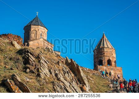 Gergeti, Gerogia - 06.10.2018: Gergeti Trinity Church In The Mountains Of The Caucasus