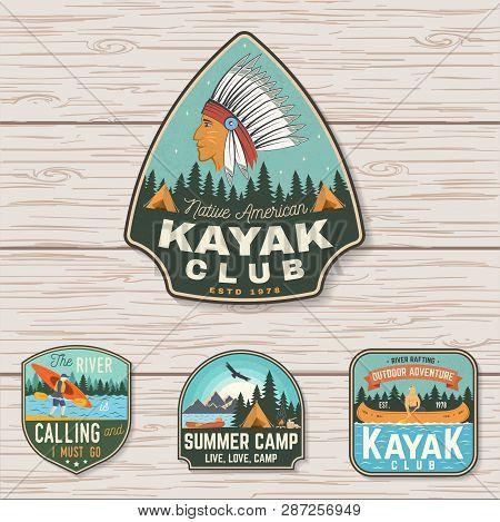 Set Of Summer Camp, Canoe And Kayak Club Badges. Vector. Concept For Patch, Stamp. Retro Design With