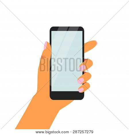 Female Hand Holding Black Smartphone With Blank Screen. Flat Vector Design With Woman Showing Phone 