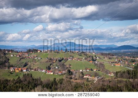 View From Village Langegg Over Schilcherland Stainz Weinstrasse Vine Route With Vineyards And Farm H