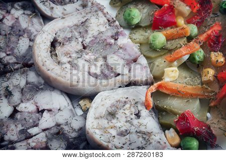 Saltison: Delicious Meat Appetizer With Various Vegetables.