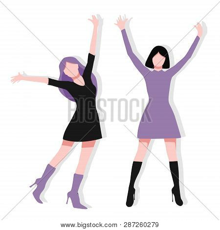 Colorful Happy Woman. Excited And Cute Woman Jumping And Raising Arm. Vector Illustration