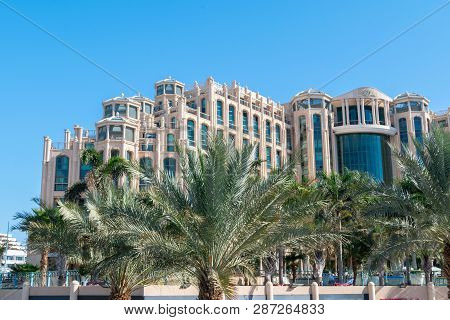 Eilat, Israel - February 9, 2019: Queen Of Sheba Eilat Hotel Over Palms.