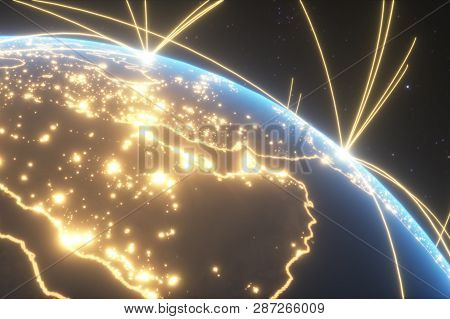 World Connections With City Lights. Blue. Earth Globe. Spinning Earth With Light Lines Growing From 