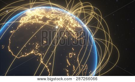 World Connections With City Lights. Blue. Earth Globe. Spinning Earth With Light Lines Growing From 